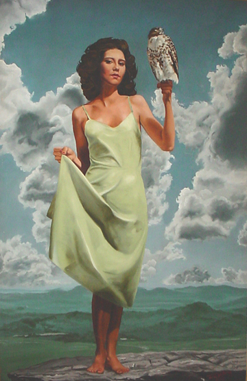 Oil painting in faux gold leaf frame showing a woman in a green dress holding a red tail hawk in her hand standing on a precipice by Tom Lohre.