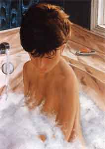 Nude painting of woman in bath by Tom Lohre.