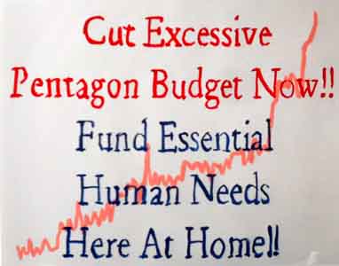 Protest sign against  Pentagon Budget by Tom Lohre.
