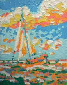 Oil pastel melted on canvas of sailboat by Tom Lohre.