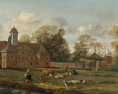 Painting of Jan Van Der Heyden, Dutch, 1637-1712, a traditional Dutch landscape.