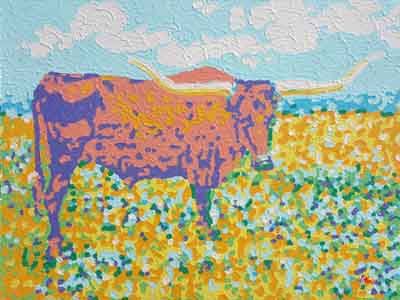Impressionist oil painting of Longhorn Steer posing like he is on the cover of “Bull Buying Today” bu Tom Lohre.