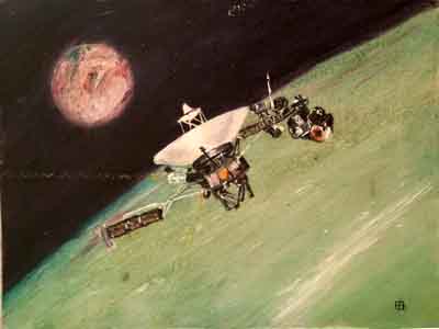 Tom Lohre of Triton over Neptune with Voyage II  painted at JPL during the encounter.