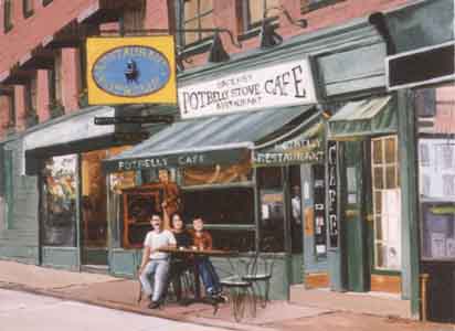 Oil painting Pot Belly Stove Restaurant Greenwich Village with family portrait sitting at table in front by Tom Lohre.