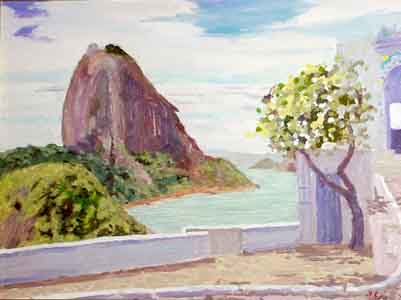 Surgar Loaf Mountain cococaban Rio from the military battery oil painting by Tom Lohre.